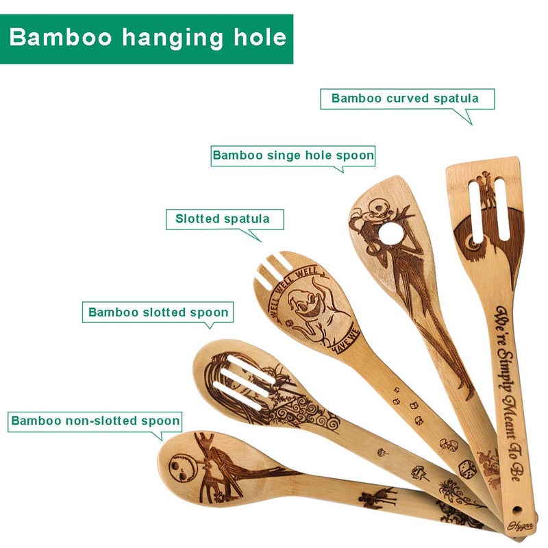 HYGNN Halloween Idea Utensil Burned Wooden Spoons Set House Warming Wedding Present Slotted Spoon 5 Piece SpoonSet - Image 4